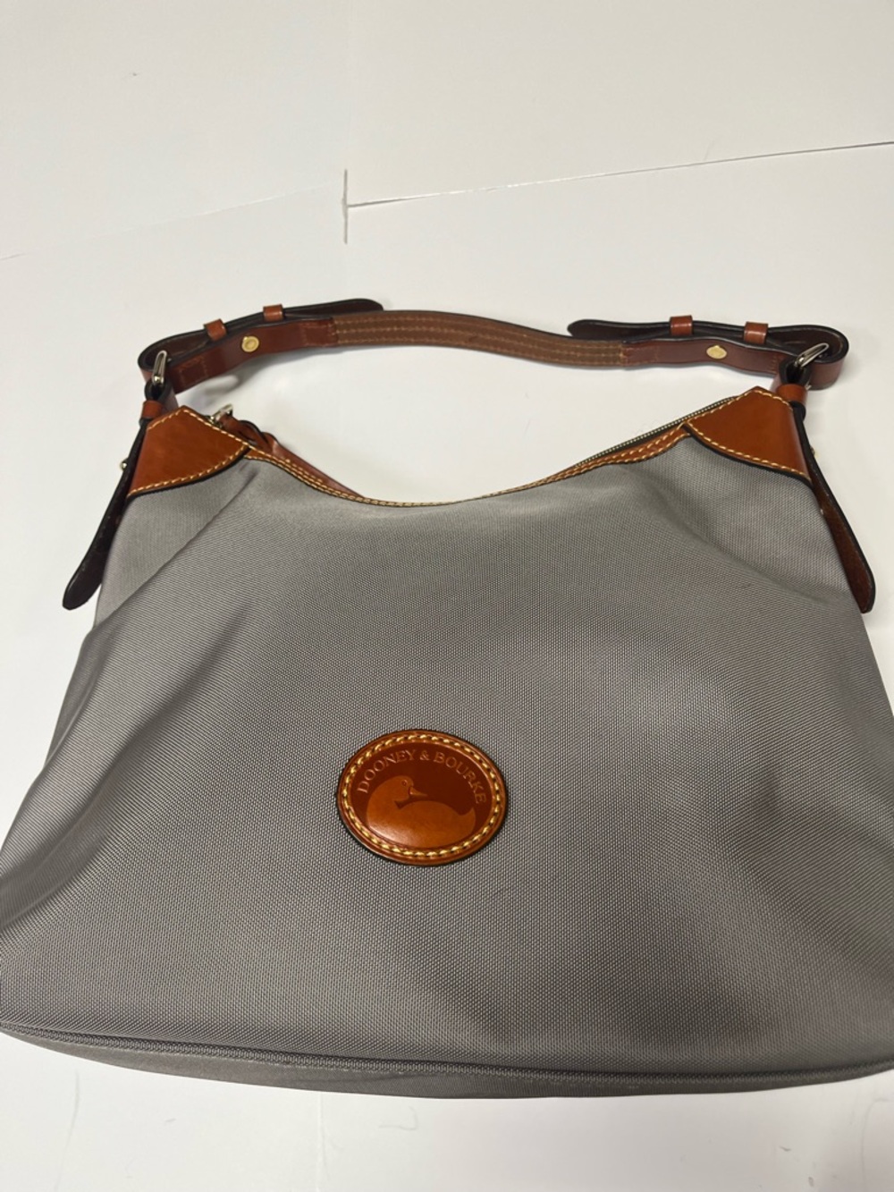 Dooney & Bourke Gray Nylon Shoulder Bag with Brown Leather Trim